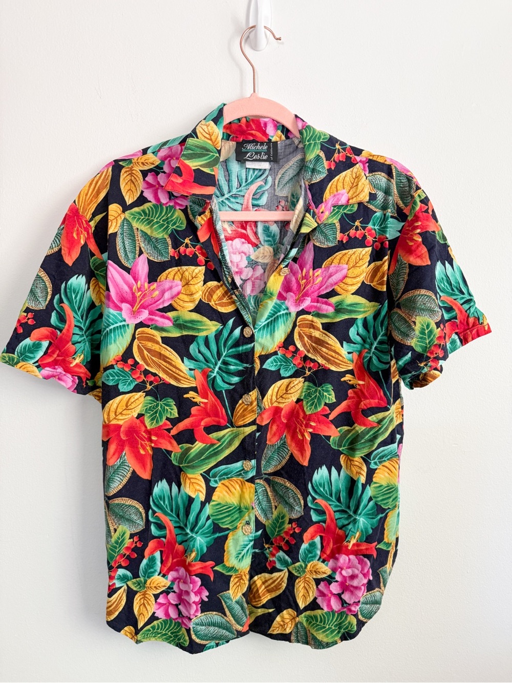 Vintage Tropical Floral Short-Sleeve Shirt - Black